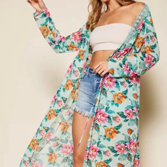 #28 LONG SLEEVE LACE TRIM FLORAL SELF TIE KIMONO - Picture 3 of 5